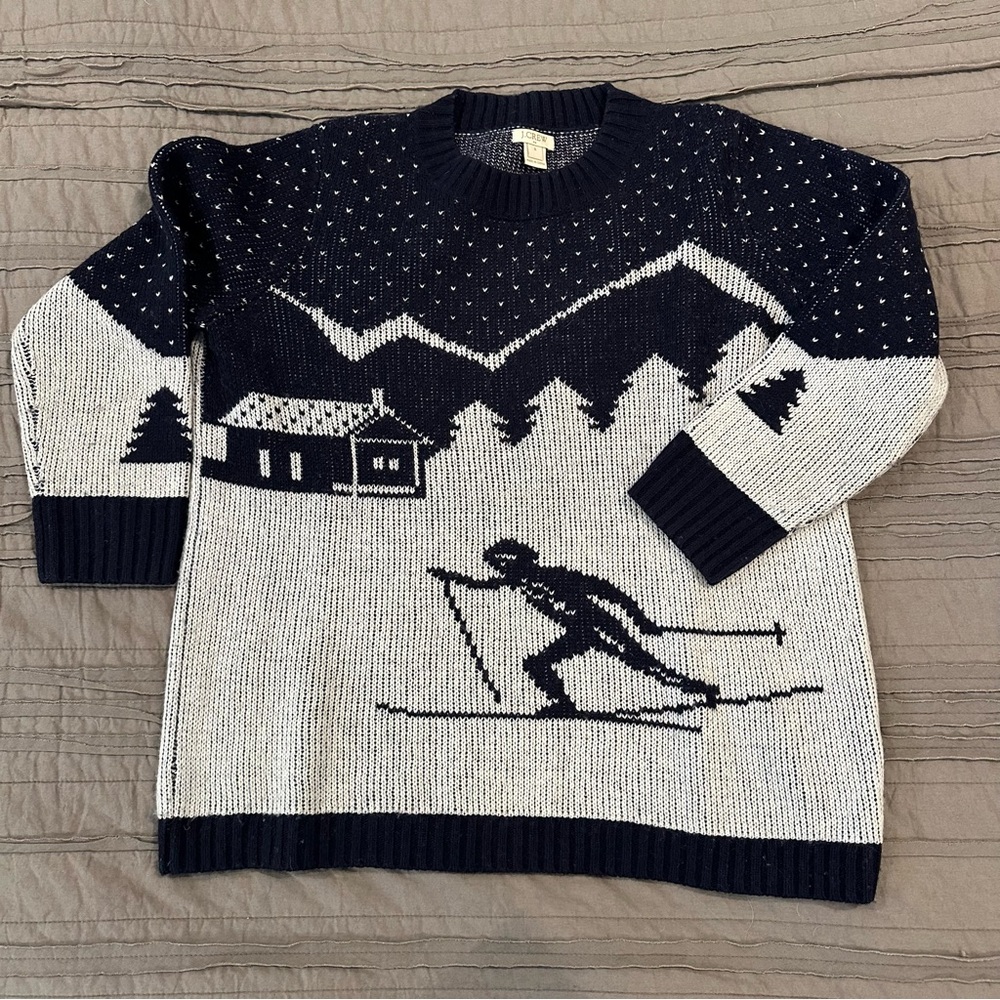 J. Crew Navy and White Crewneck Sweater Nordic Design (Size sm fits like a med)